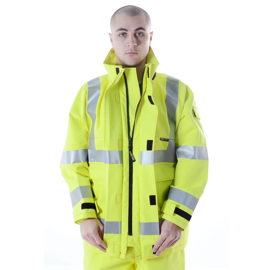 PRO ARC FR/ARC CAT 3 Breathable High Visibility Rainwear Trench Coat Yellow/Navy