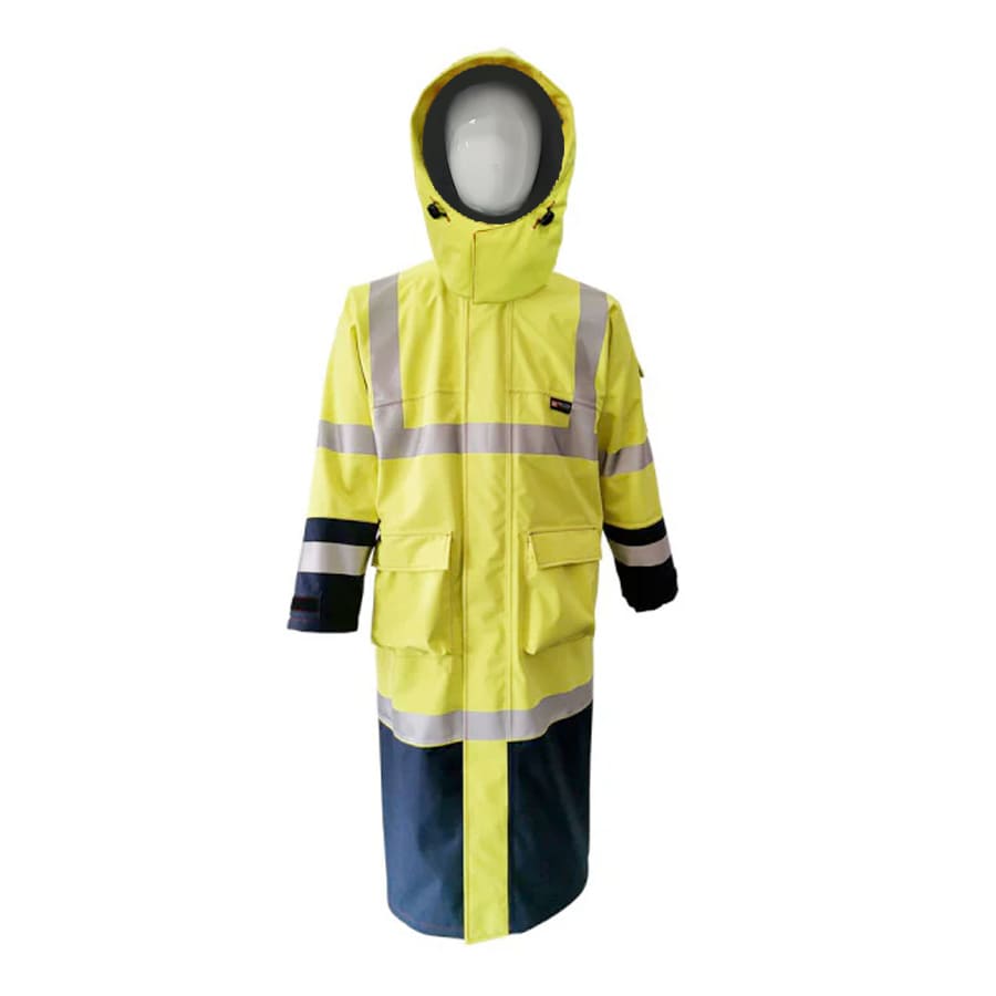 PRO ARC FR/ARC CAT 3 Breathable High Visibility Rainwear Trench Coat Yellow/Navy